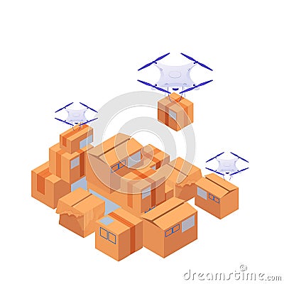 Delivery drones carry and stack boxes isometric illustration. White modern quadrocopters ship sort yellow boxe. Vector Illustration