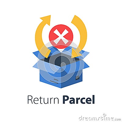 Delivery error, receive mixed up shopping order, send back purchase, return mail box Vector Illustration
