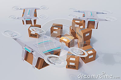 Delivery flying drone package cardboard box in warehouse,to distribution center,futuristic business,industrial air transport Stock Photo