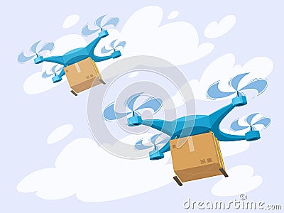 Delivery flying robot drones, cartoon express delivery robots. Logistic service quadcopter, drone carrying package box vector Vector Illustration