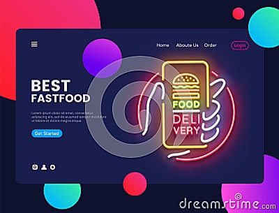 Delivery Food Neon Horizontal Web Banner Vector. Fast Food Advertising banner web interface in modern trend design, neon Vector Illustration