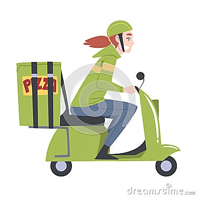 Delivery Girl Riding Scooter, Pizza Delivery Service Cartoon Style Vector Illustration Vector Illustration