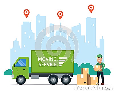 Delivery of goods by truck. logistics in the city of postal transport. Vector Illustration