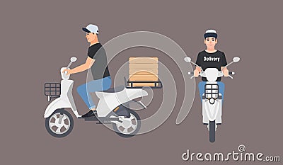 Delivery guy dressed in uniform riding scooter. Courier boy in cap sitting on modern motor moped isolated on white Vector Illustration