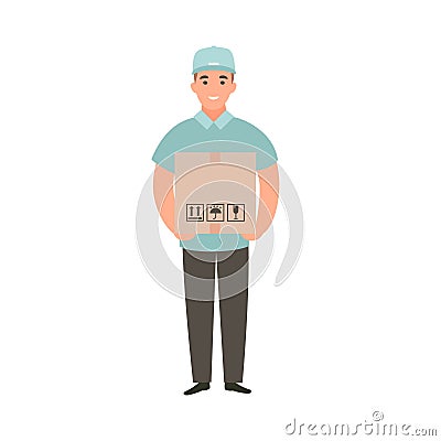 Delivery guy holding box with an order. Vector Illustration