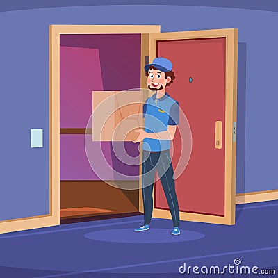 Delivery guy in home door. Boy deliver handing box in apartment doorway. Cartoon delivery of goods at home vector Vector Illustration