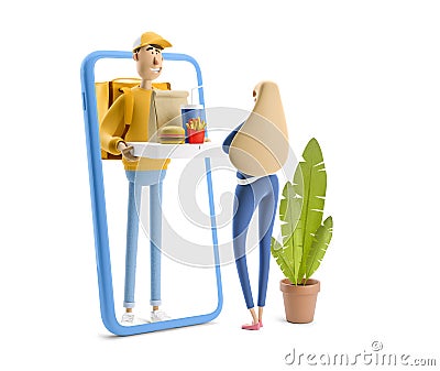 Online delivery concept. 3d illustration. Cartoon character. Delivery guy in yellow uniform stands with fastfood and big phone. Cartoon Illustration