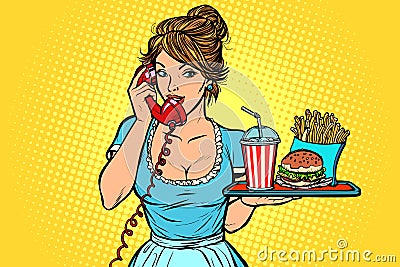 Delivery. Hotel service. Waitress. fast food on a tray Vector Illustration
