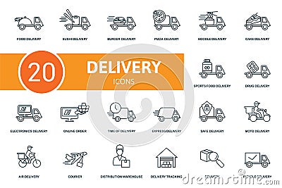 Delivery icon set. Collection of simple elements such as the food delivery, sushi, burger delivery, drug delivery Vector Illustration