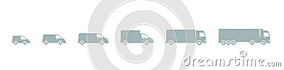 Delivery Icons. Cargo transportation. Truck car size. Transfer variation options. Shipping company. Small, medium and Vector Illustration