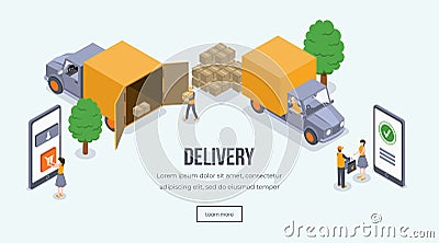 Delivery isometric landing page vector template. Online shopping, delivery, truck loading website layout. Shipping Vector Illustration