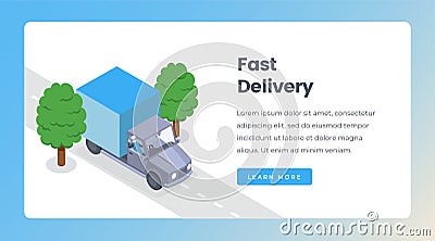 Delivery isometric landing page vector template. Shipping goods by truck, delivery service, shipment website layout Vector Illustration