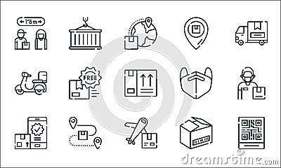 delivery line icons. linear set. quality vector line set such as qr code, airplane, confirmation, open box, tracking, motorbike, Vector Illustration