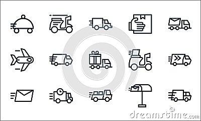 delivery line icons. linear set. quality vector line set such as truck, truck, message, mailbox, truck, plane, scooter, received, Vector Illustration