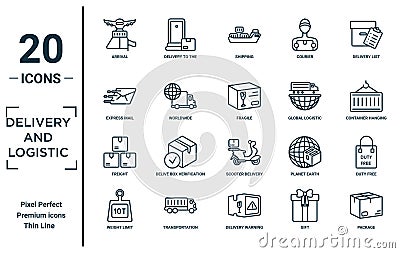 delivery.and.logistic linear icon set. includes thin line arrival, express mail, freight, weight limit, package, fragile, duty Vector Illustration