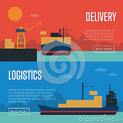 Delivery and logistics banner set with cargo ship Vector Illustration