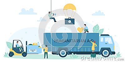 Delivery and logistics of charity organization, tiny people load humanitarian aid Vector Illustration