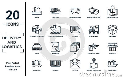 delivery.and.logistics linear icon set. includes thin line side up, delivery containers, pallet, cargo train, logistic ship, Vector Illustration