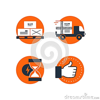 Delivery logistics services icons set, move boxes, loading truck, time Vector Illustration