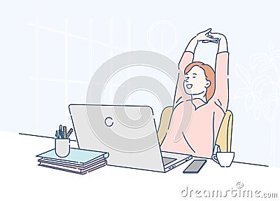 Young business woman is relaxing in his work deck, satisfied with work done. Conceptual of Work from home. Vector Illustration