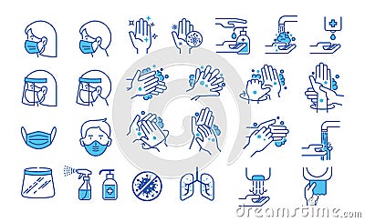 Set of hand washing icons in thin line style. Hygiene icons. The icons as hand wash, soap, alcohol, detergent, anti bacterial and Vector Illustration