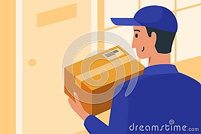 Delivery Man Arrive with Online Shop Package at Home Door Vector Illustration