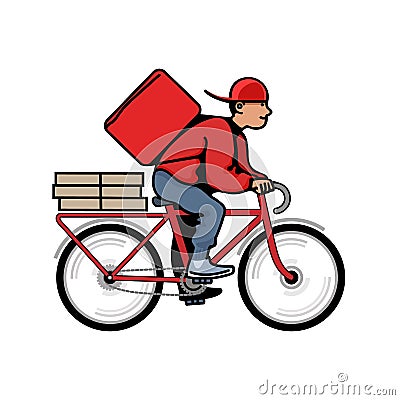 Delivery man on bike in cartoon style. Courier on bicycle with red parcel box. Vector illustration. Vector Illustration