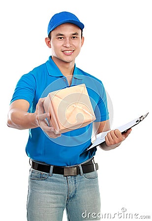 Delivery man in blue uniform Stock Photo