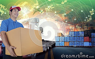 delivery man and card box and world wide logistic ,shipping business background Stock Photo