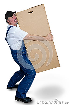 Delivery man carrying heavy cardboard box Stock Photo