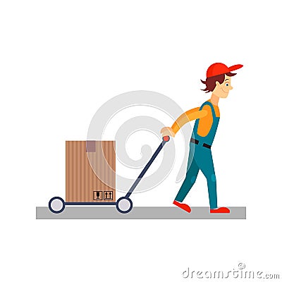 Delivery Man with a Cart Behind Him, Vector Vector Illustration