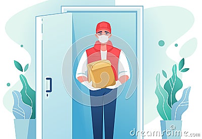 Delivery man. Cartoon courier with face mask at the door with cardboard package, coronavirus prevention. Vector delivery Vector Illustration