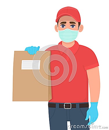 Delivery man or courier boy in safety medical mask, gloves holding parcel pack. Door delivery service during quarantine. Person Vector Illustration