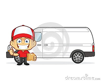 Delivery man courier in front van with cardboard boxes Vector Illustration