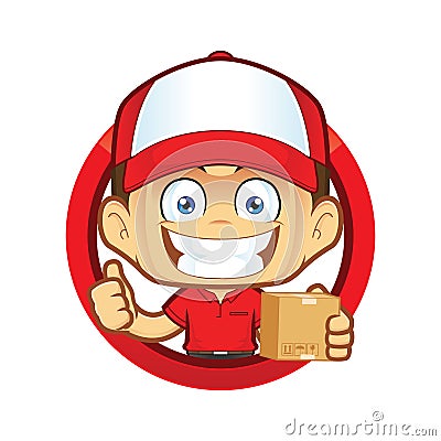 Delivery man courier holding a box and giving thumbs up in circle shape Vector Illustration