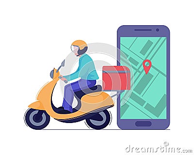 Delivery man or courier riding scooter to service fast food box and phone app concept. Vector Vector Illustration