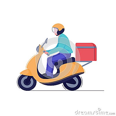 Delivery man or courier riding scooter to service fast food box. Vector Vector Illustration