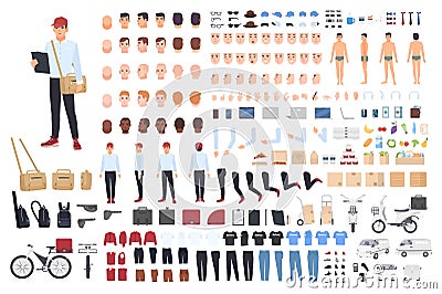 Delivery man creation set or building kit. Bundle of cartoon character s body parts in different postures, details Vector Illustration