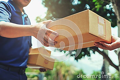 Delivery man delivering holding parcel box Stock Photo