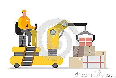 Delivery man driving a loader. Courier in uniform carrying box. Vector Illustration