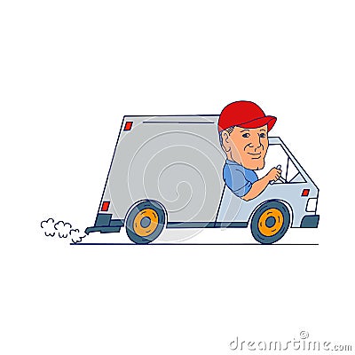 Delivery Man Driving Truck Van Cartoon Vector Illustration