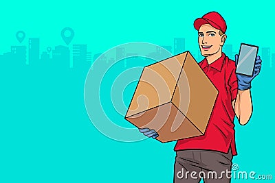 Delivery man employee in red cap with holding parcel and mobile phone Vector Illustration