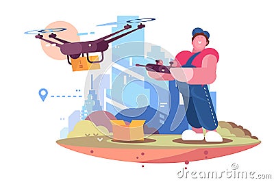Delivery man in form controlling drone behind city Vector Illustration