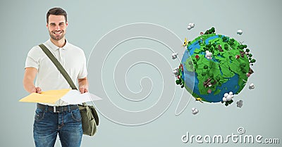 Delivery man giving parcel by low poly earth Stock Photo