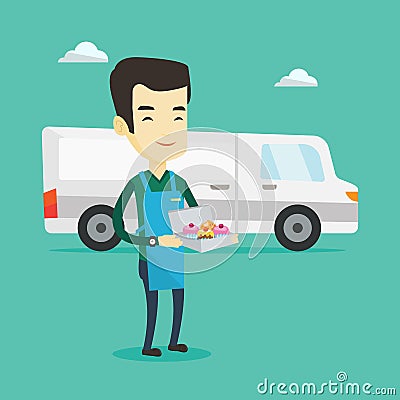 Delivery man holding a box of cakes. Vector Illustration