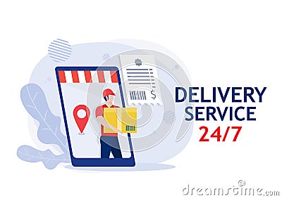 Delivery man holding box Online shop delivery service using flat cartoon illustration. smartphone, delivery concept Vector Illustration