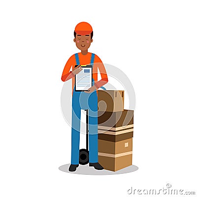 Delivery man holding delivering and documents, courier in uniform at work cartoon character vector Illustration Vector Illustration