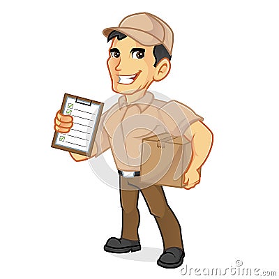 Delivery man holding package and clipboard Stock Photo