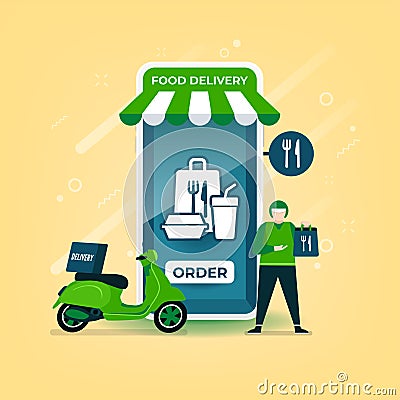 Delivery man holds a food bag standing with a motorcycle. Food delivery online on mobile application. Vector Illustration