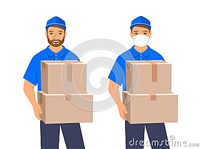 Delivery man holds in hands postal parcel boxes Vector Illustration